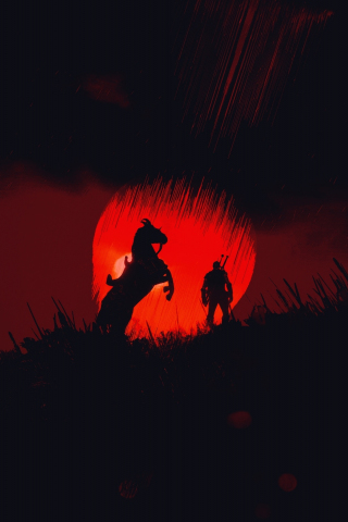 The Witcher 3: Wild Hunt, horse and warrior, silhouette, 240x320 wallpaper