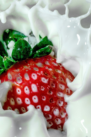 Strawberry, milk splashes, fruits, 240x320 wallpaper