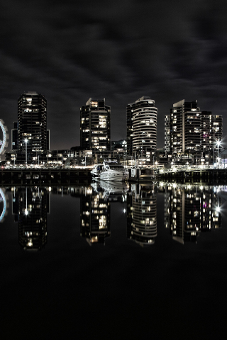 Urbanscape, city, buildings, reflections, BW, 240x320 wallpaper