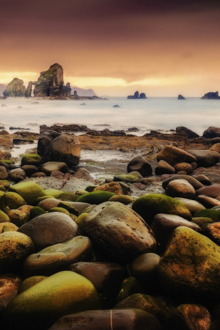 Coast, rocks, moss, sea, sunset, 240x320 wallpaper