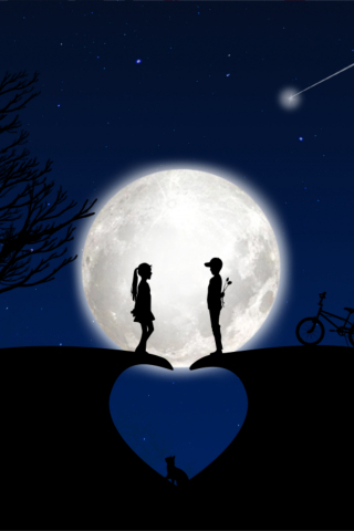 Heart, moon, couple, silhouette, art, 240x320 wallpaper
