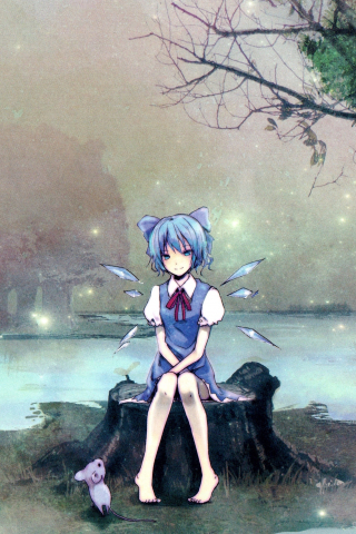 Cirno, touhou, anime girl, sit, outdoor, 240x320 wallpaper