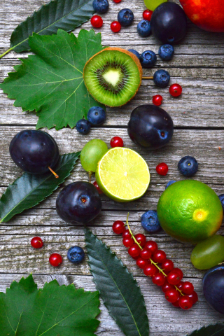 Fruits, lemon, blueberries, cherries, plum, fresh, 240x320 wallpaper
