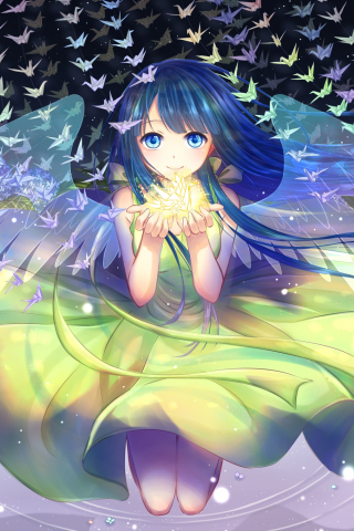 Cute, anime girl, blue hair, night out, small birds, original, 240x320 wallpaper