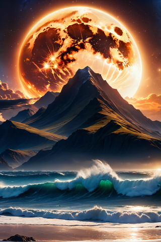 The mountain and sea, moon, another world, fantasy, 240x320 wallpaper