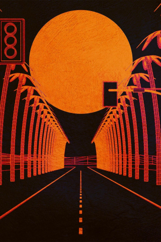 Burnwave, highway, palm trees, dark, artwork, 240x320 wallpaper