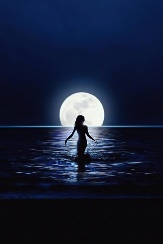 Girl and moon, ocean, silhouette, 240x320 wallpaper