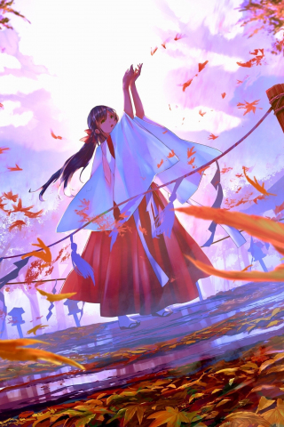Autumn, leaves, beautiful anime girl, original, 240x320 wallpaper