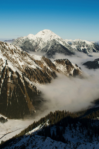 Mountains, fog, aerial view, valley, 240x320 wallpaper