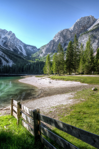 Conifer, fence, lake, landscape, outdoors, nature, mountains, 240x320 wallpaper