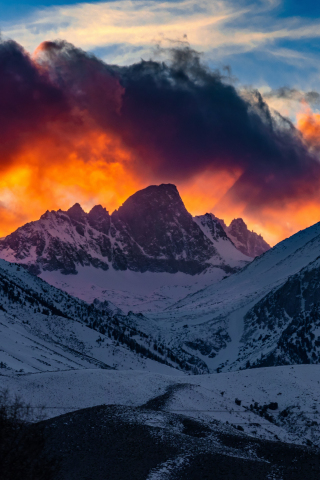 Mountains, yellow glow, snow layer, glacier, sunset, glow, 240x320 wallpaper