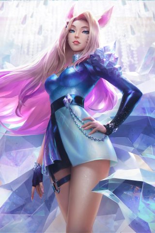 Pink hair elf, Ahri, beautiful girl, LOL game, art, 240x320 wallpaper