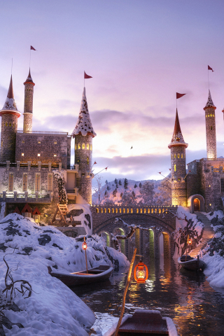 Castle, winter, fantasy, art, 240x320 wallpaper