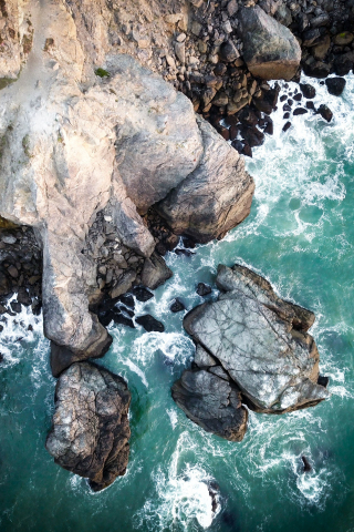 Rocks, aerial shot, sea waves, coast, 240x320 wallpaper