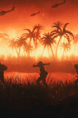 Vietnam, soldiers, night, battle, landscape, pal trees, fire, art, 240x320 wallpaper