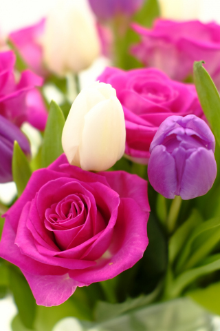 Bouquet, roses and tulips, flowers, 240x320 wallpaper