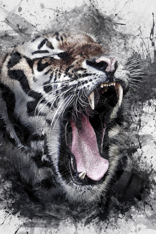 Art,  tiger, roar, muzzle, 240x320 wallpaper