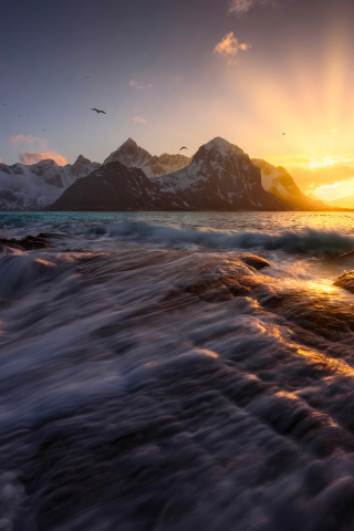 Coastal waves, Norway's Lofoten islands, nature, sunset, 240x320 wallpaper