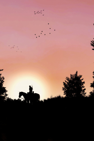 Dawn, horse ride, video game, The Witcher 3: Wild Hunt, sunset, 240x320 wallpaper