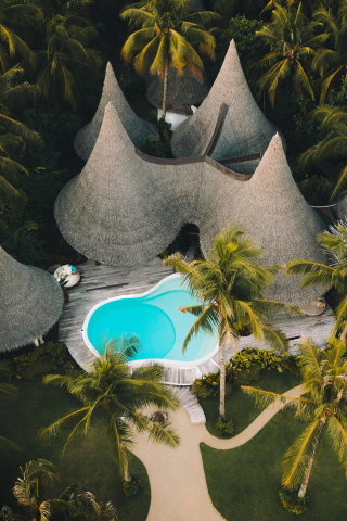 Resort huts, pool, aerial shot, 240x320 wallpaper