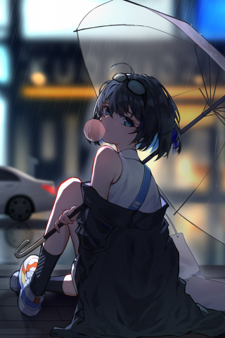 Download wallpaper 240x320 enjoying rain, anime girl, old mobile, cell phone,  smartphone, 240x320 hd image background, 25093