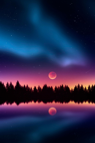 Colorful, night, stars, silhouette, lake, reflections, 240x320 wallpaper