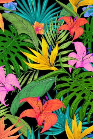 Pattern, tropical, flowers, leaves, 320x480 wallpaper