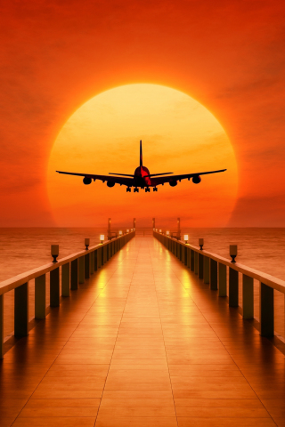 Airplane, photoshop, pier, sunset, 240x320 wallpaper