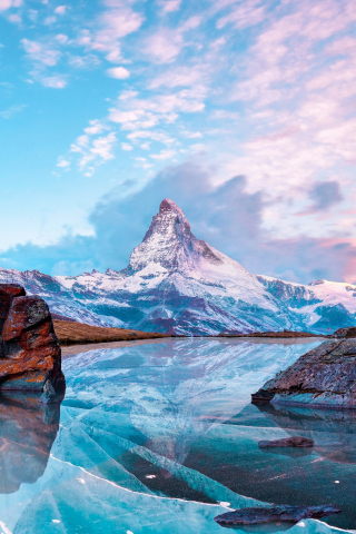 Matterhorn, mountains, nature, frozen lake, reflection, winter, 240x320 wallpaper