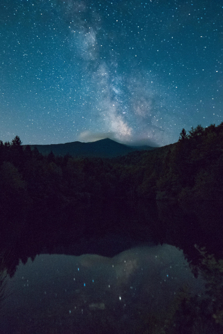 Lake, forest, night, milky way, reflections, night, 240x320 wallpaper
