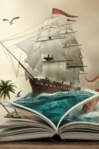 Book, sailing ship, boat, fantasy, photoshop art, 240x320 wallpaper