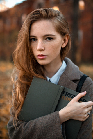 Russian model, girl with book, outdoor, 240x320 wallpaper