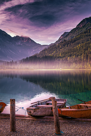 Boats, Lake Jägersee, mountains, Austria, 240x320 wallpaper