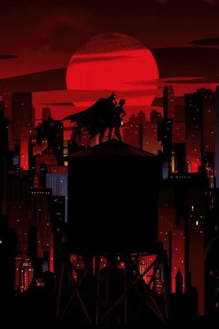Batman: The Animated Series, 1992, batman and catwoman, cityscape, 240x320 wallpaper