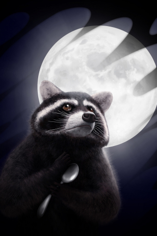 Raccoon, moon, spoon, art, 240x320 wallpaper