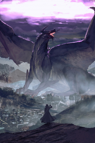Dragon and warrior, fantasy, digital art, 240x320 wallpaper