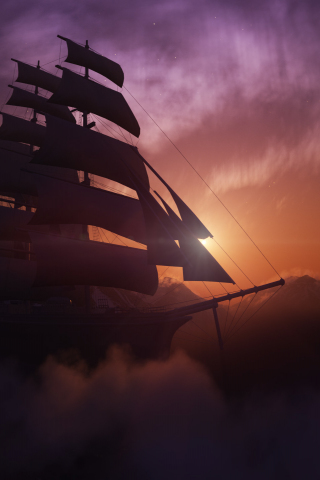 Flight, fantasy, clouds, sky, sailing ship, 240x320 wallpaper