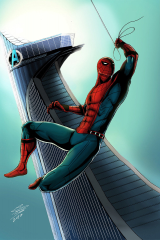 Avenger tower, spider-man, swing, artwork, 240x320 wallpaper