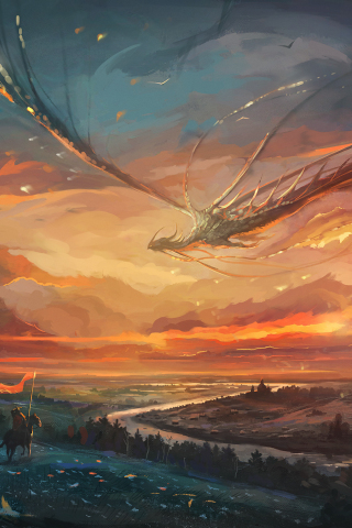 Fantasy, Warrior, dragon, flight, sunset, art, 240x320 wallpaper