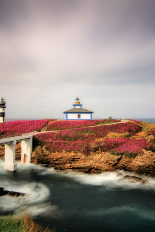 Lighthouse, island, bridge, sea, 240x320 wallpaper