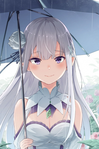 Emilia, Re:Zero, rain, umbrella, 240x320 wallpaper