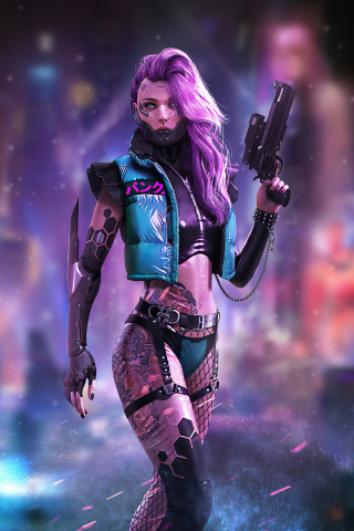Cyberpunk, tattoo on body, girl with guns, 240x320 wallpaper