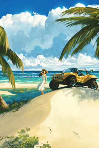 Girl at beach, palms in desert, artwork, 240x320 wallpaper