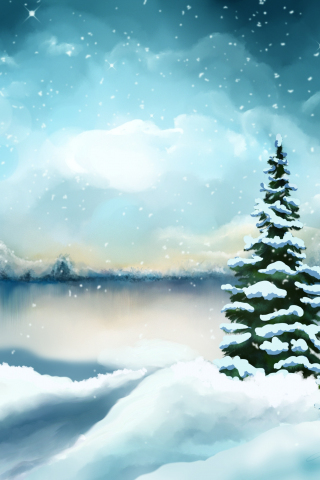 Winter, pine trees, lake, digital art, 240x320 wallpaper