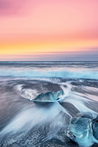 Sunset, seashore, beach, nature, icebergs, 240x320 wallpaper