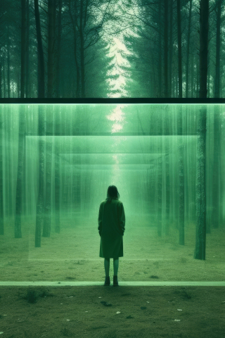 Portal in forest, girl, trees, fantasy, 320x480 wallpaper