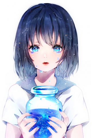 Cute, anime girl with jar, blue liquid, original, 240x320 wallpaper