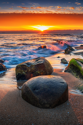 Coast, rocks, sunset, sea, sea waves, 240x320 wallpaper