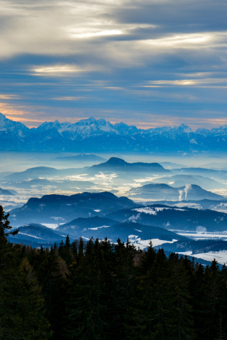 Mountains, horizon, misty sunrise, Austria, 240x320 wallpaper