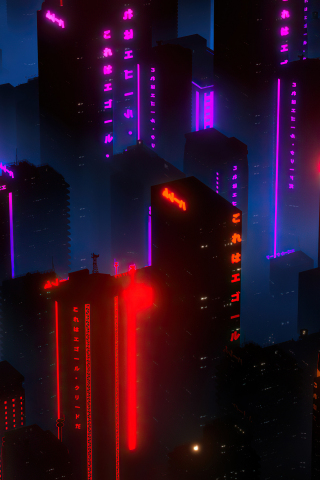 Neon lights, cityscape, buildings, aerial view, 240x320 wallpaper